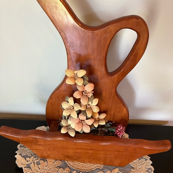 Vintage Handmade Wooden Pitcher With Flowers - Picture 2 of 5